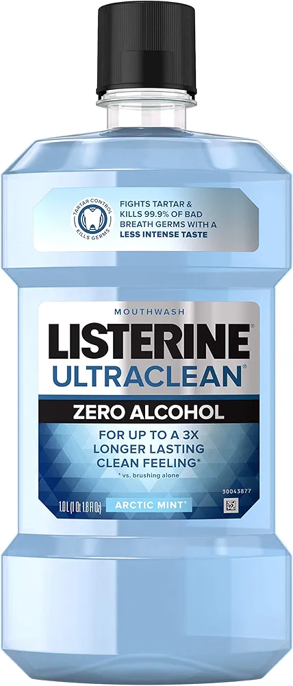 Listerine Ultraclean Zero Alcohol Tartar Control Mouthwash, Oral Rinse to Help Fight Bad Breath and Tartar, for Cleaner, Naturally White Teeth, Less Intense Arctic Mint Taste, 1 L