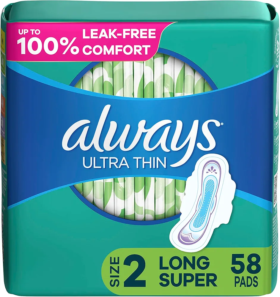 Always Ultra Thin Feminine Pads For Women, Size 2 Long Super Absorbency, With Wings, Unscented, 58 Count