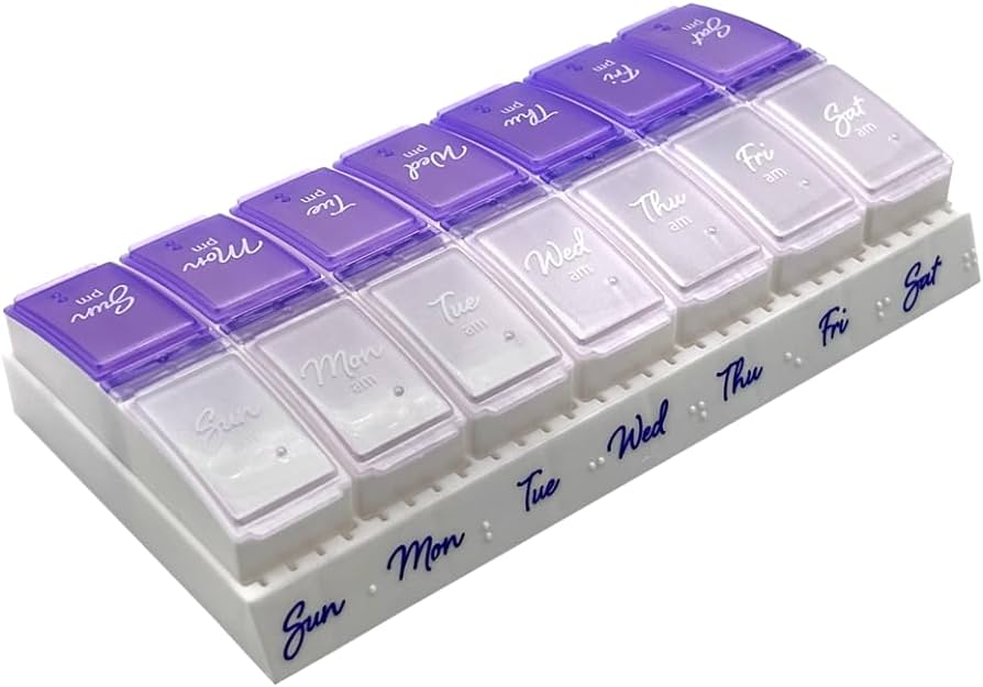 Ezy Dose Weekly (7-Day) Pill Case, Medicine Planner, Vitamin Organizer, 2 Times a Day AM/PM, Small Pop-out Compartments, Arthritis Friendly, Easy to Use, Pearlescent and Lavender Lids, BPA Free