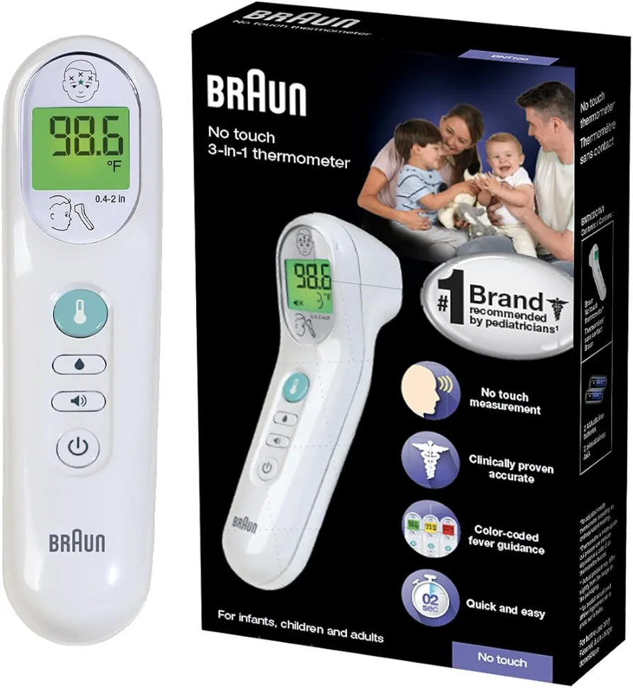 Braun No Touch 3-in-1 Thermometer, Measures Forehead, Liquid and Food Temps, Professional Accuracy and Color Coded Fever Guidance for Babies, Kids, Toddlers and Adults