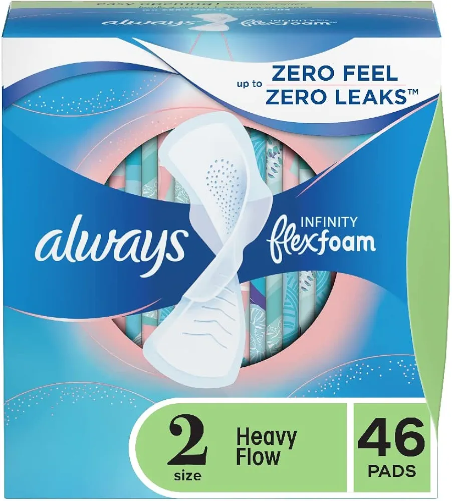 Always Infinity Feminine Pads for Women, Size 2 Regular, with wings, unscented, 46ct