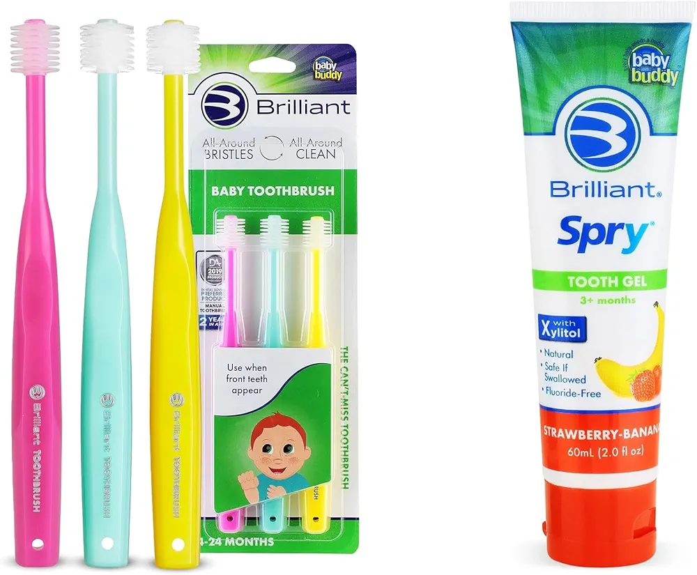 Brilliant Oral Care Bundle; Pack of 3 Baby Toothbrush with Soft Bristles and Round Head - Pink Mint Yellow & Pack of 1 Kids Fluoride Free Toothpaste, Spry Gel with Xylitol, Strawberry Banana Flavor