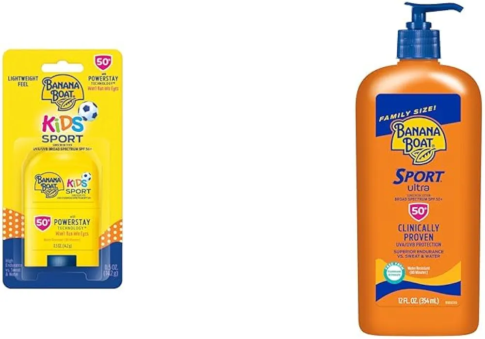 Banana Boat Kids Sport Sunscreen Stick SPF 50 Travel Size 0.5oz & Sport Ultra Sunscreen Lotion SPF 50 Family Size 12oz