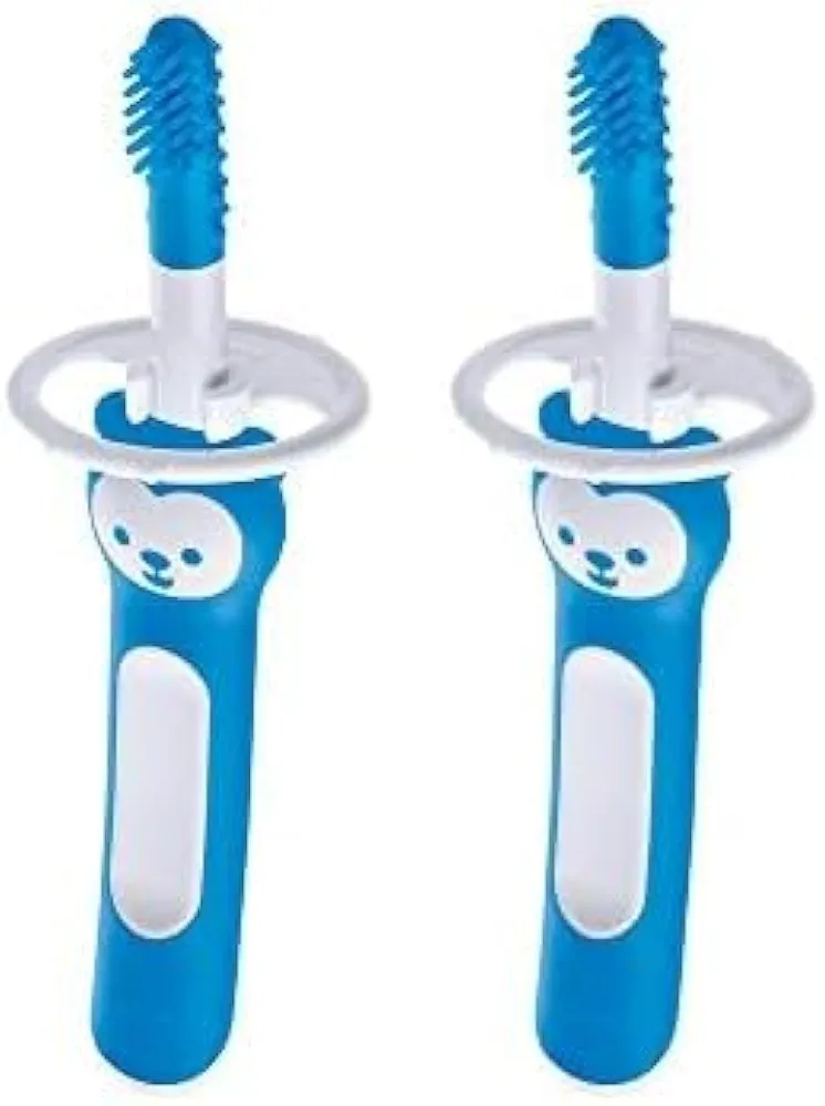 MAM Massaging Baby Toothbrush, Gum Cleaner and Massager with Brushy The Bear Character, Interactive App, for Boys 3+ Months, Blue (Pack of 2)