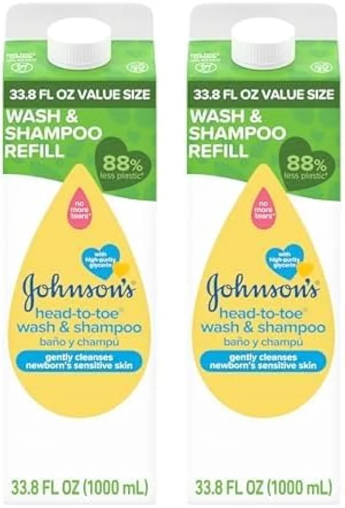 Johnson's Head-To-Toe Gentle Baby Body Wash & Shampoo, Tear-Free, Sulfate-Free & Hypoallergenic Wash & Shampoo for Baby's Sensitive Skin & Hair, Value Size Baby Wash Refill, 33.8 fl. oz (Pack of 2)