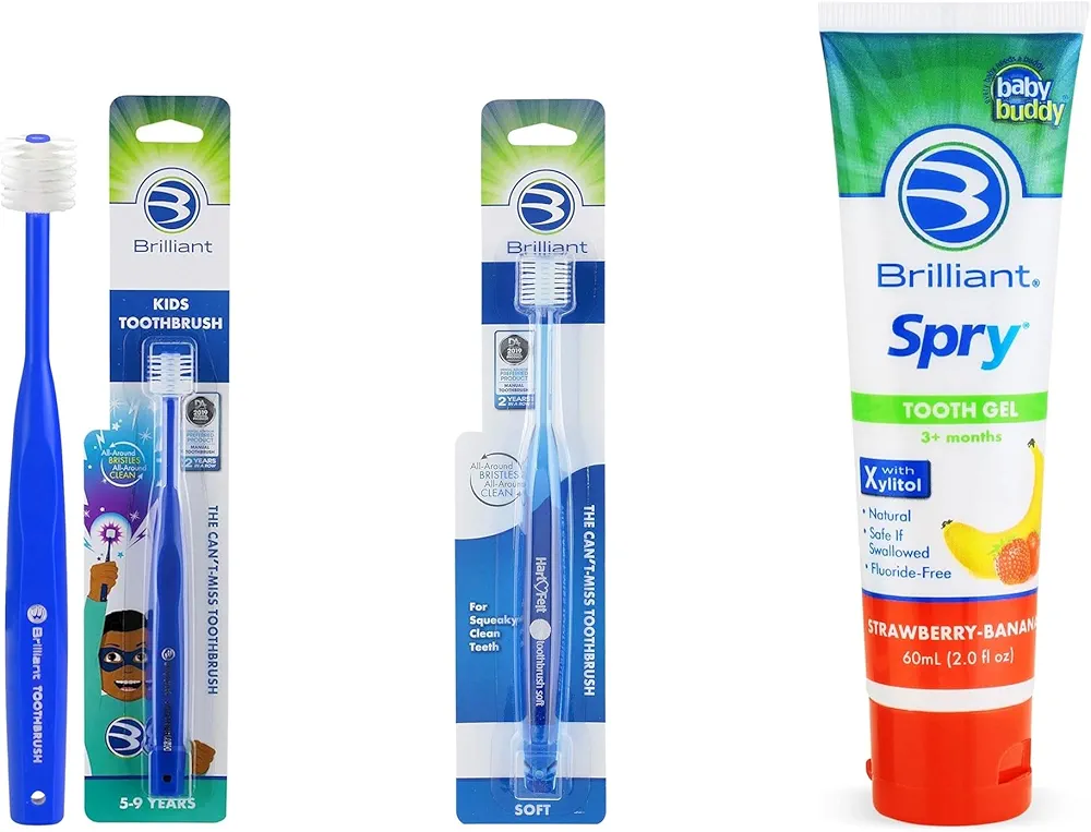 Brilliant Oral Care Bundle; Pack of 1 Kids Toothbrush - Royal Blue, Pack of 1 Adult Toothbrush, with Soft Bristles Round Head, & Kids Fluoride Free Toothpaste, Spry Gel with Xylitol, Strawberry Banana