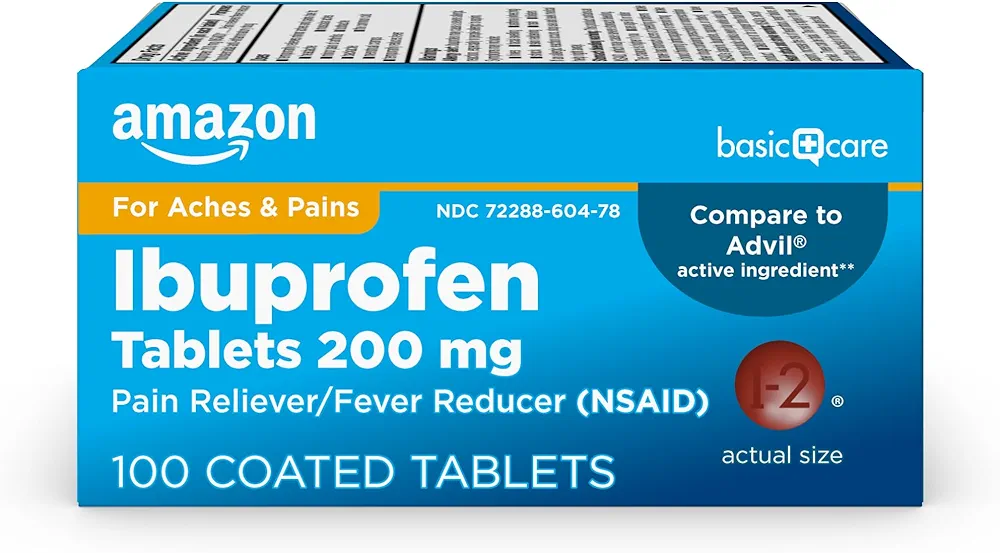 Amazon Basic Care Ibuprofen Tablets 200 mg, Pain Reliever/Fever Reducer, 100 Count