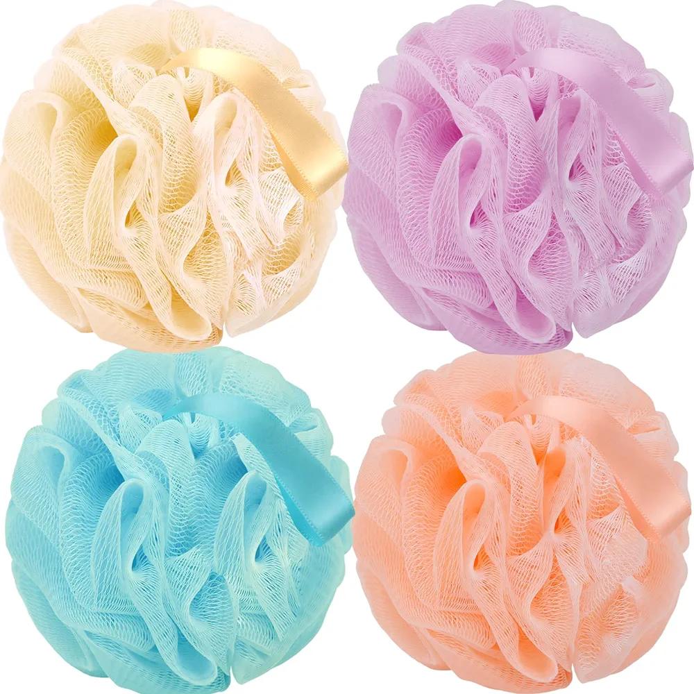 Bath Loofah Sponge Body Scrubber Shower Sponge Exfoliating Mesh Pouf Shower Ball Bath Sponges for Women and Men Bathing Accessories (4Pack 50G Colorful)