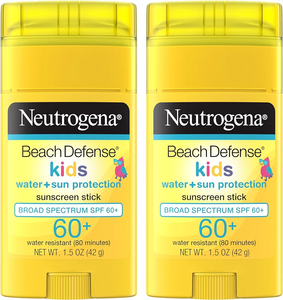 Neutrogena Beach Defense Kids Sunscreen Stick, Water-Resistant Sunscreen for Children, Broad Spectrum SPF 60+ for UVA/UVB Sun Protection, Oxybenzone-Free Sunscreen, Twin Pack, 2 x 1.5 oz