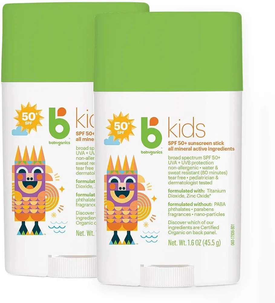 Babyganics SPF 50 Travel Size Kids Sunscreen Stick UVA UVB Protection | Water & Sweat Resistant |Non Allergenic, 1.6oz (Pack of 2)