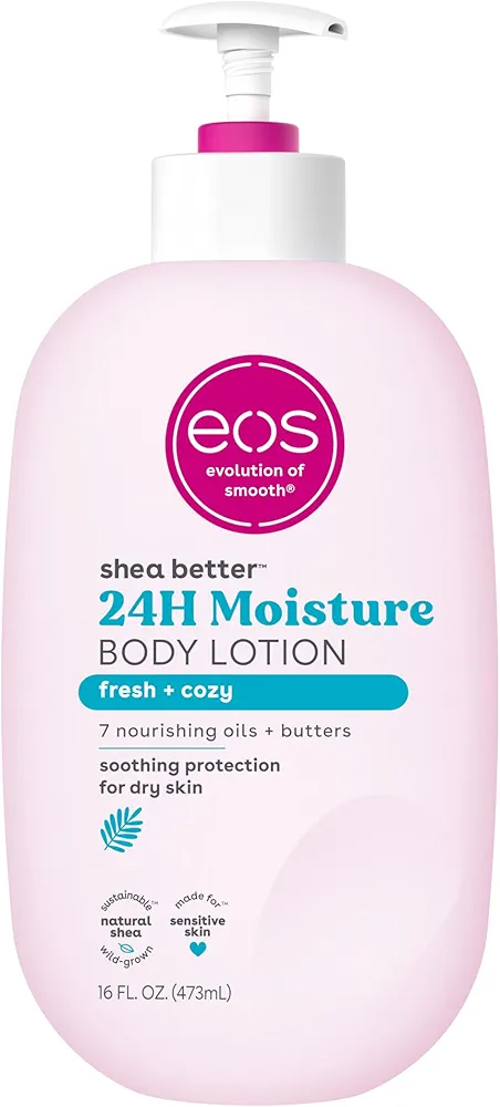 eos Shea Better Body Lotion- Fresh & Cozy, 24-Hour Moisture Skin Care, Lightweight & Non-Greasy, Made with Natural Shea, Vegan, 16 Fl Oz (Pack of 1)