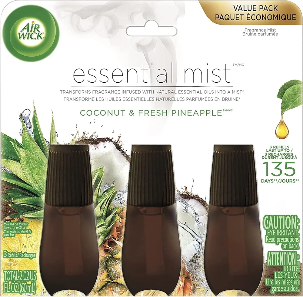 Air Wick Essential Mist Refill, 3 ct, Coconut and Pineapple, Essential Oils Diffuser, Air Freshener