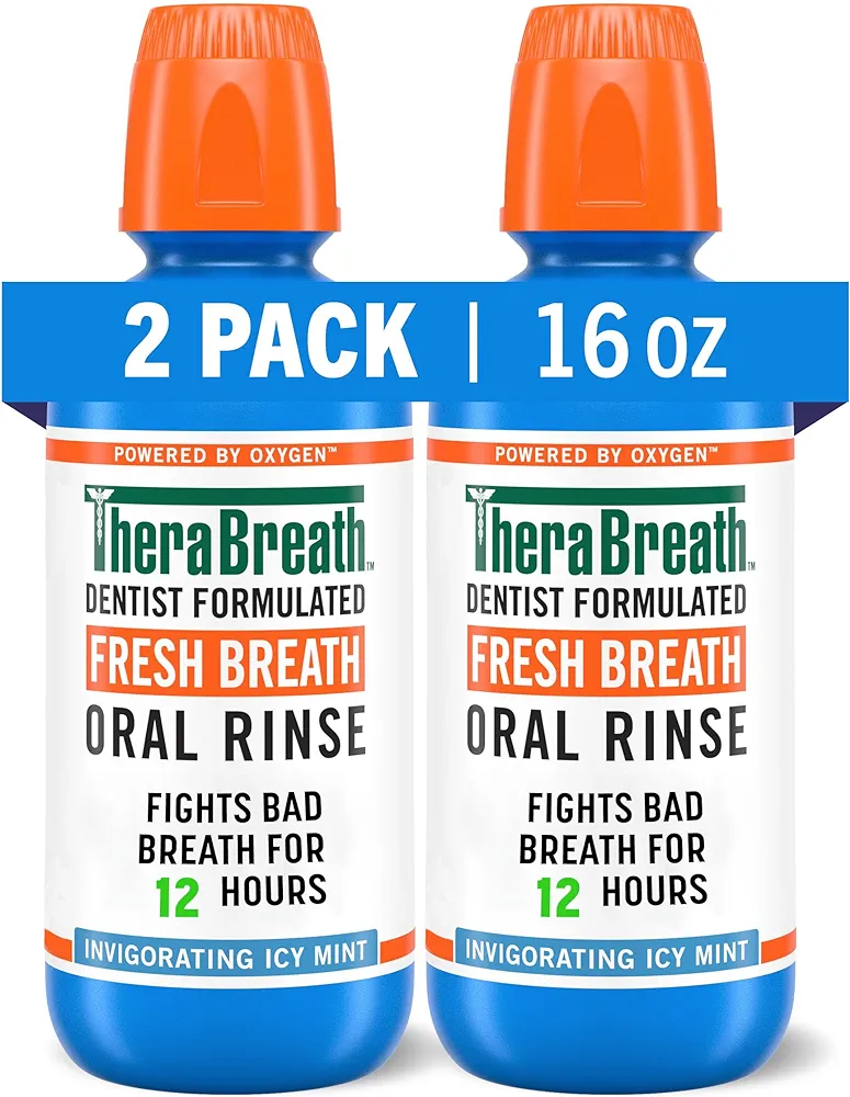 TheraBreath Fresh Breath Mouthwash, Icy Mint Flavor, Alcohol-Free, 16 Fl Oz (Pack of 2)