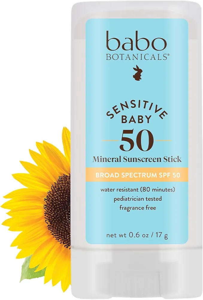 Babo Botanicals Sensitive Baby Mineral Sunscreen Stick SPF 50-70% Organic Ingredients - Zinc Oxide - NSF & Made Safe Certified - EWG Verified - Water Resistant - Fragrance-Free - for Babies & Kids