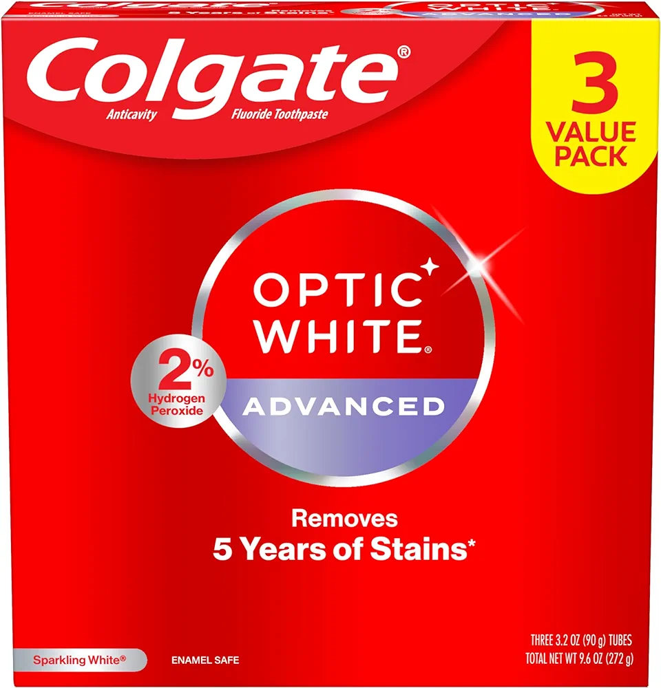 Colgate Optic White Advanced Hydrogen Peroxide Toothpaste, Teeth Whitening Toothpaste Pack, Enamel-Safe Formula, Helps Remove Tea, Coffee, and Wine Stains, Sparkling White, 3 Pack, 3.2 oz