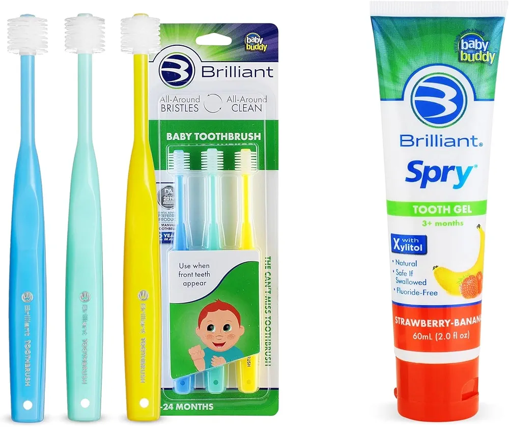 Brilliant Oral Care Bundle; Pack of 3 Baby Toothbrush with Soft Bristles Round Head - Blue Mint Yellow & Pack of 1 Kids Fluoride Free Toothpaste, Spry Gel with Xylitol, Strawberry Banana