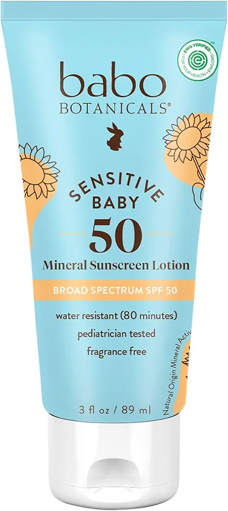 Babo Botanicals Sensitive Baby Mineral Sunscreen Lotion SPF50 - Natural Zinc Oxide - Face & Body - Fragrance-Free - Water-Resistant - EWG Verified - Vegan - Extra Sensitive Skin - For Babies & Kids