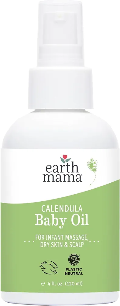 Earth Mama Calendula Baby Oil | Massage Oil for Newborn Skin Care, Dry Skin & Scalp Moisturizer, Fragrance Free, 4-Fluid Ounce