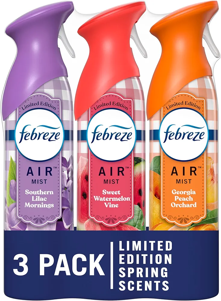 Febreze Air Mist Odor-Fighting Air Freshener Mixed Scent, Southern Lilac Mornings, Georgia Peach Orchard, Sweet Watermelon Vine, 8.8 oz. Aerosol Can, Pack of 3