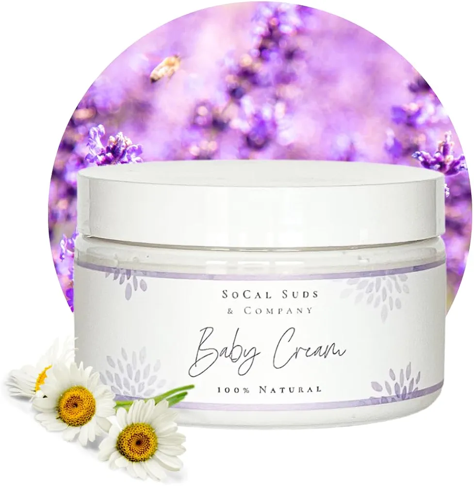 SoCal Suds & Company - Natural & Organic Baby Cream - Gentle Moisturizing for Sensitive Tender Infant Skin, Nourishing Hydration with Aloe & Coconut, Delicate Skincare - Lavender & Chamomile, 4oz