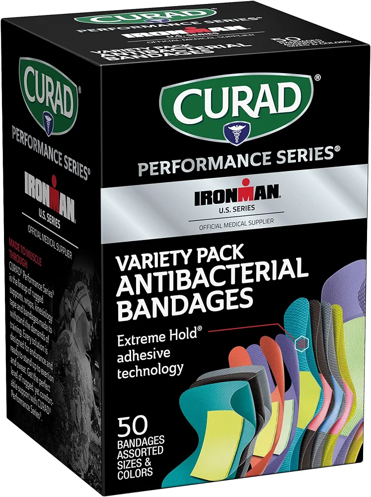 CURAD Performance Series Ironman Antibacterial Bandages, Extreme Hold Adhesive Technology, Finger & Knuckle Bandages, Flexible Fabric, Variety Pack with Assorted Sizes & Colors, 50 Count