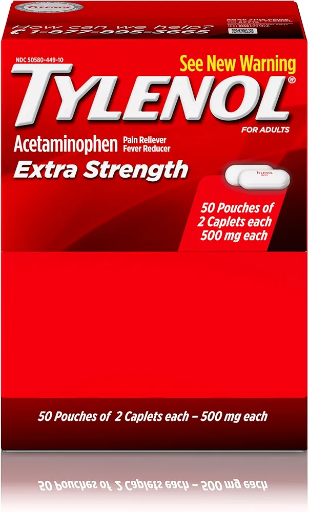 Tylenol Extra Strength Caplets with 500 mg Acetaminophen, Pain Reliever and Fever Reducer for Headache, Backache & Menstrual Pain Relief, 2-Caplet Pouches, 50 Count