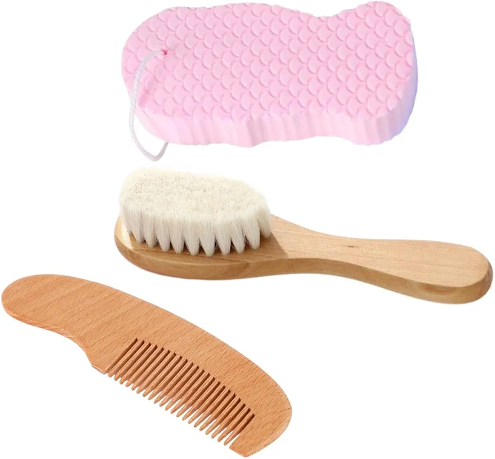 Soft Baby Hair Care Set，Newborns Baby Hair Bush and Comb Set ，Super Soft and Safe Baby Brush ，Baby Exfoliating Bath Sponge and Toddler Comb，Perfect for Cradle Cap，Perfect for Sensitive Skin