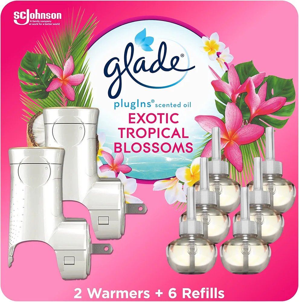 Glade PlugIns Refills Air Freshener Starter Kit, Scented and Essential Oils for Home and Bathroom, Tropical Blossoms, 4.02 Fl Oz, 2 Warmers + 6 Refills