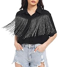 Verdusa Women''s Fringe Trim Short Sleeve Button Up Blouse Shirt Crop Top