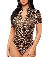 Verdusa Women''s Leopard Print Zip Up Short Sleeve Mock Neck Bodysuit Top