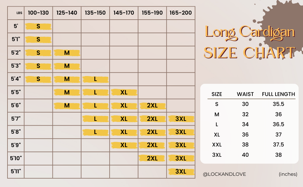 LONG CARDIGAN DUSTER SIZE CHART