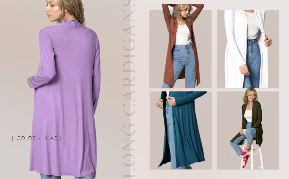 LONG CARDIGAN LONG SLEEVE VARIOUS COLORS OPEN FRONT LENGTH NO BUTTONS FLARE FIT COMFORTABLE STRETCHY