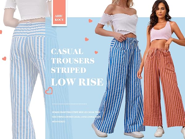 striped drawstring wide leg color block trousers with pockets