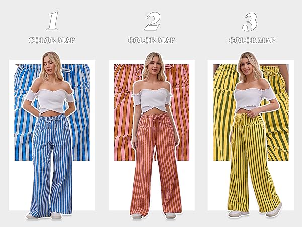 striped drawstring wide leg color block trousers with pockets