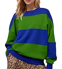 Striped Color Block Oversized Loose Long Crew Neck Sleeve Sweatshirt Pullover Top