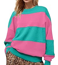 Striped Color Block Oversized Loose Long Crew Neck Sleeve Sweatshirt Pullover Top