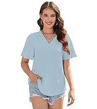 Anyproud Womens Summer Short Sleeve Blouses V Neck Casual Shirts Dressy Trendy Tunics Tops