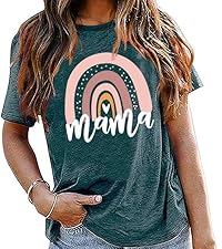 Mama Shirt for Women Mama Rainbow Graphic T Shirt Casual Mom Life Tees Funny Short Sleeve Tops