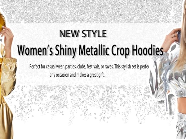 Women Metallic Shiny Crop Hoodies Rave Festival Outfits Crop Hooded Sweatshirts Dancewear Clothes 