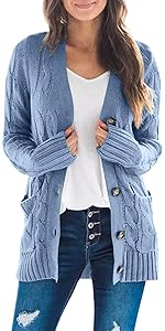 Gnpolo Cardigan Sweaters for Women Long Sleeve Open Front Button Cable Knit Pockets Cardigans