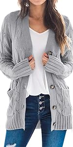 Gnpolo Cardigan Sweaters for Women Long Sleeve Open Front Button Cable Knit Pockets Cardigans