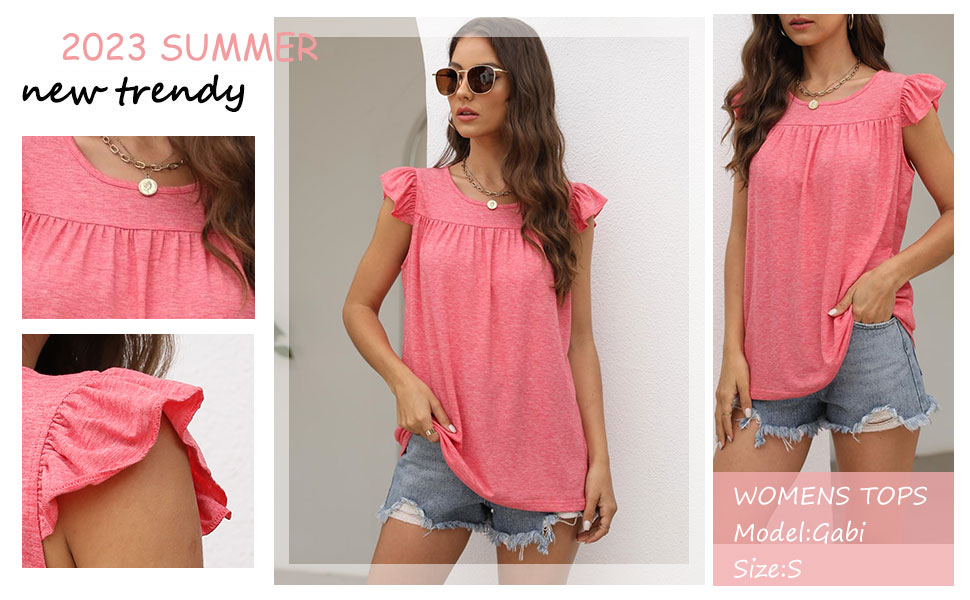 Womens Summer Tops Loose Casual Ruffle Cap Sleeve Shirts Pleated Crewneck Tshirts Fashion Clothes