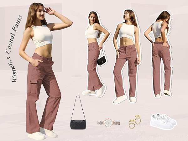 WULFUL Cargo Pants for Women High Waisted Casual Pants Stretchy Wide Leg Streetwear with 6 Pockets