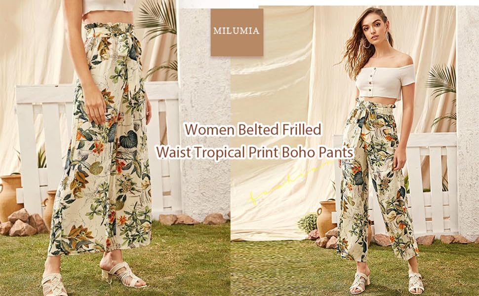 Milumia Women Belted Frilled Waist Tropical Print Boho Wide Leg Palazzo Pants