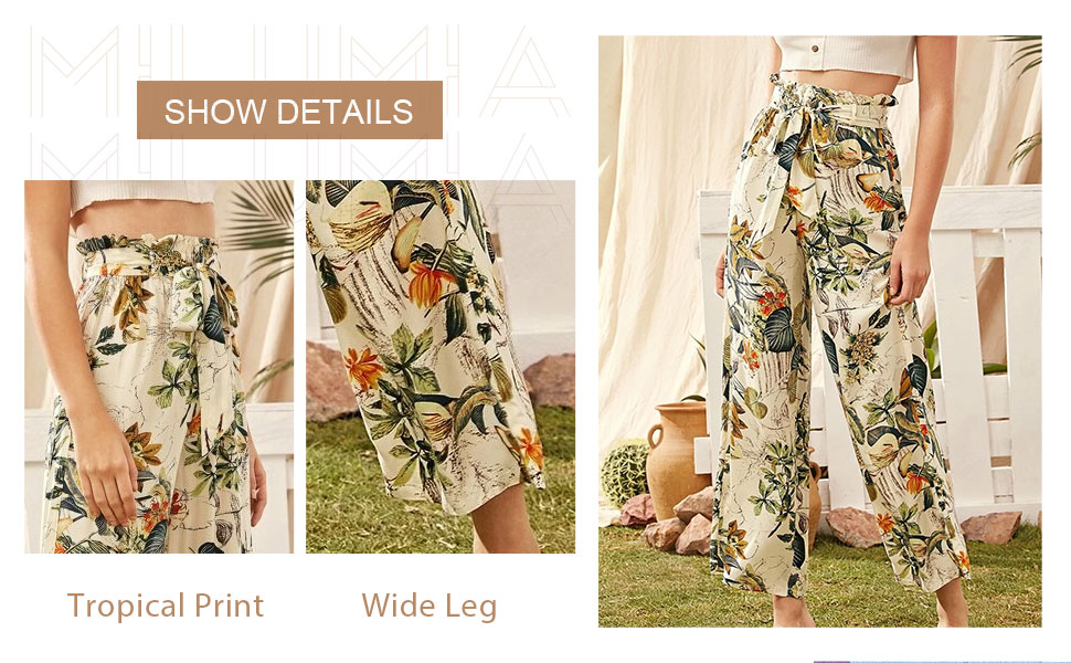 Milumia Women Belted Frilled Waist Tropical Print Boho Wide Leg Palazzo Pants