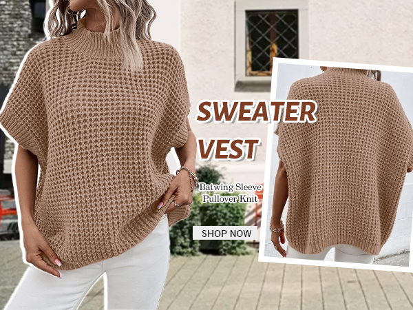 Oversized Batwing Sleeve Mock Neck Sweater Vest Sleeveless Pullover Knit Sweaters