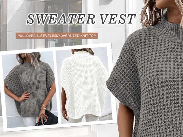 Oversized Batwing Sleeve Mock Neck Sweater Vest Sleeveless Pullover Knit Sweaters