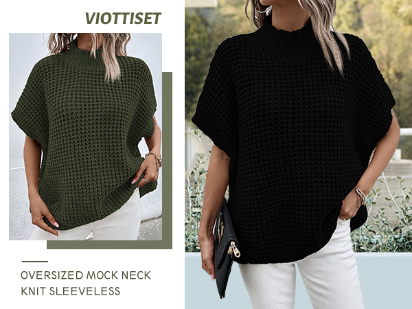 Oversized Batwing Sleeve Mock Neck Sweater Vest Sleeveless Pullover Knit Sweaters