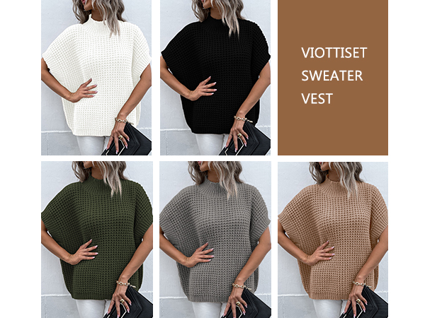 Oversized Batwing Sleeve Mock Neck Sweater Vest Sleeveless Pullover Knit Sweaters