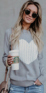 Front Ribbed Knitted Heart Sweaters for Women Long Sleeve Crewneck Casual Sweaters